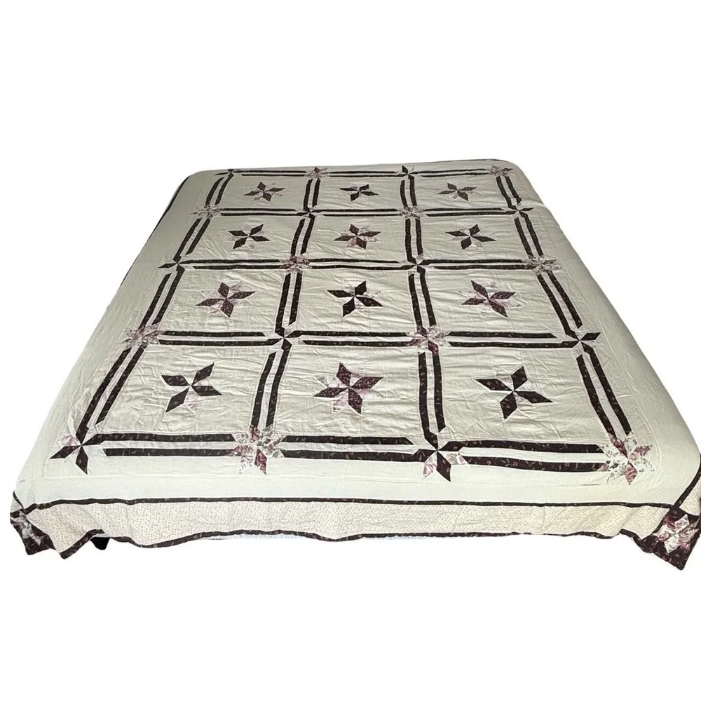 Handmade Patchwork Quilt 100x88 Burgundy Cream Floral Pinwheel Cottage Queen